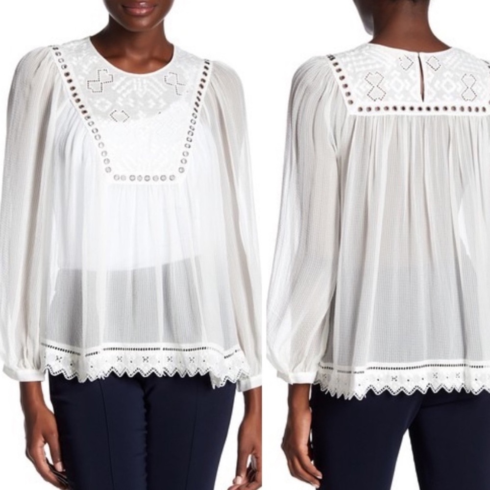 Rebecca Taylor Silk Embroidered Grommet Blouse romantic white sheer Size 2